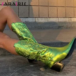 Boots SaraIris Retro Mid Calf Cowboy Cowgirl Boots Chunky Heel Knee High Platform Boots Women Trendy Stylish Western Shoes 230729