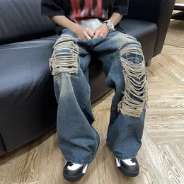 Męskie dżinsy y2k dżinsy koreańskie edycja złamana dziura zmysły The Streetwear Hip Hop Wide Noge Jean for Men proste samce spodnie 230729