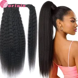 Ponytails Kinky Straight Ponytail Human Hair Extension 10A 100g Wrap Around Clip In Natural Black Remy Indian Yaki 8 TO 32" 230728