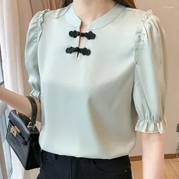 Kvinnor BLOUSES 2023 Summer China Style Button Blus Satin Shirt Feminin Topps Vintage Fashion Clothing White Ljusgrön färg Solid 2847