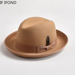 Sombreros de ala ancha Cubo Estilo británico Lana Fieltro Fedora para hombres Roll Up Homburg Gentleman Church Jazz Hat Party Dress Cap 230729