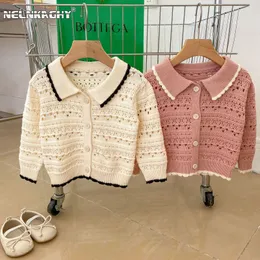 Kurtki jesienne niemowlę dzieci pełne rękawie kołnierz ściągaczy Single Breasted Top Knited Sweter Toddler Kids Hollowout Coat 03T 230728