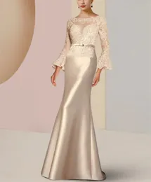 Elegantes Sheer-Nixe-langes Champagner-Kleid für die Brautmutter, Satin-Spitze-Kleider für die Patin, formelles Partykleid mit Falten La madre del vestido de novia Damenkleider