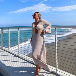 Abiti casual Estate Sexy Copricostume da spiaggia Donna con scollo a V Abito a maniche lunghe in maglia Scava fuori Tinta unita Vedi attraverso la fessura