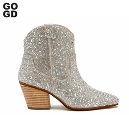 Stövlar gogd mode kvinnliga ankelstövlar spring western cowboy boots clear glitter bling glänsande trend höga klackar högkvalitativa skor 230728