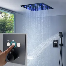 2021 Système de douche de luxe surface noire mate 16 pouces pluie et brouillard pommeau de douche bras de plafond monté mitigeur thermostatique set324H