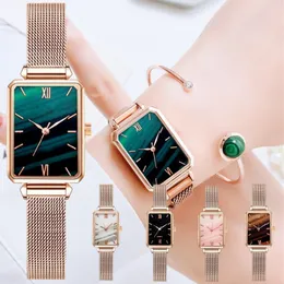 Relojes para mujer, moda para mujer, reloj cuadrado de cuarzo para mujer, conjunto de pulsera, esfera verde, malla simple de oro rosa, lujo 230728