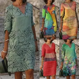 Casual Dresses S-5XL Fashion Women Summer Printing Dress V-Neck Half Sleeve A-Line Female Retro Litera Vintage Loose
