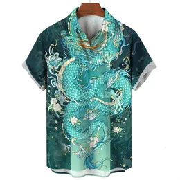 Mäns casual skjortor Summer Men's Social Casual Vintage Floral Hawaiian Oversize Short Sleeve Shirt Street Luxury Dragon Pattern Element Clothing 230728