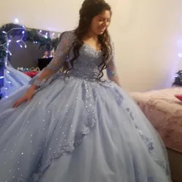 Prenses Buz Mavisi Tül Plus Boyut Balo Elbisesi Quinceanera Elbiseler Boncuklu Düşman Uzun Kollu Dantel Aplike Partisi Prom Debutante 15 SWE3106