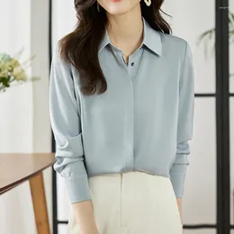 Women's Blouses Women Autumn Style Solid Satin Shirts Ladies Long Sleeve Turn-down Collar Office Basic Tops Vintage Casual Clothing