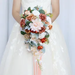 Wedding Flowers SoAyle Champagne Orange Bride Waterfall Bouquet Simulation Home Decoration Holding