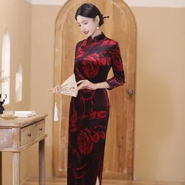 Ethnic Clothing 2023 Autumn Velvet Long Cheongsam Elegant Retro Fashion Party Banquet Modern Qipao Chinese Style Evening Wedding Dress For
