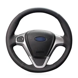 For Ford Fiesta 2008-13 hand-sewn steering wheel cover black artificial leather245F