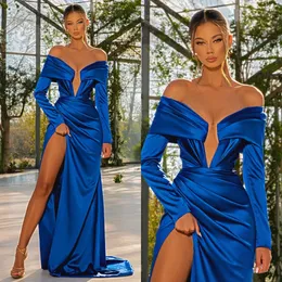 エレガントなロイヤルブルーイブニングドレスプリーツパーティープロムスイープトレインレッドカーペットスペシャルオックのためのロングドレススプリットスプリットドレス