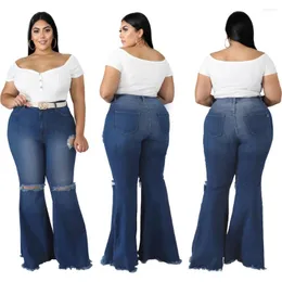 Kvinnors jeans plus storlek XL-5XL Kvinnor Flare High midje modehål rippade ljus tvättade stora kvinnliga klockbottenbyxor faller