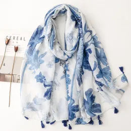 Scarves Chinese Style Vintage Blue and White Porcelain Scarf Woman Outdoor Sun Beach Ink Painting Shawl 180x90cm Pashmina Hijab 230729