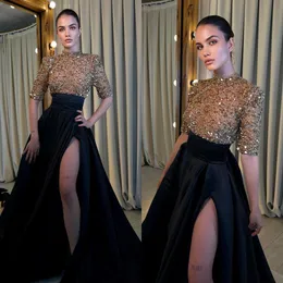 Elegant A Line Evening Dresses Black High Neck Short Sleeves Sequins Party Prom Dress Split Sweep Train Long Dress for special occasion