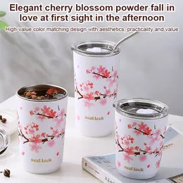 Tumblers rostfritt stål Cherry Blossom termisk mugg med lock dubbel vägg kaffeläcksäker vatten kopp resor camping te tumbler drickware 230729