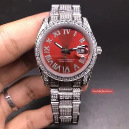 Boutique Herrens högkvalitativa Iced Diamonds Watch Red Face Watch Silver rostfritt stål diamantfodral automatisk mekanisk klocka286f