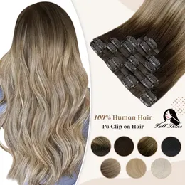 Pizzo Full Shine Clip senza cuciture in Hair s Human 8Pcs 100g PU Tape In Ombre Blonde Color Skin Weft 230728