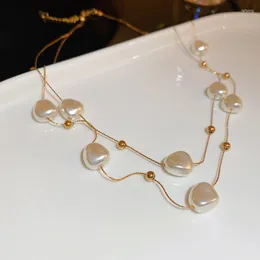 choker allme مقاومة للماء الباروكي لؤلؤة مزدوجة نساء 18K الذهب مطلي بالميتانيوم حبات الصلب