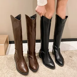 Botlar Sonbahar Kış Kovboy Western Boots Kadın Moda Saçımlı Ayak Tip Kalın Topuklu Diz Yüksek Botlar Kadın Geri fermuar Pu Deri Uzun Botalar 230728