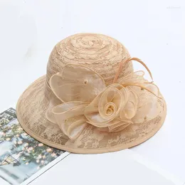 Wide Brim Hats Zomer Damen Fascinators Hoedenzaak Kerk Hoed Women Elegante Kant Bloemen Brede Rand Emmer Hoeden Opvouwbare Zon Cap