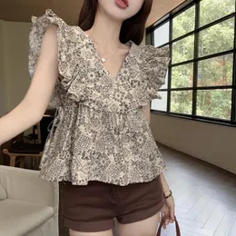 Kvinnor Bluses Korejepo 2023 Summer Top Retro Fashion Loose Design Fragmenterad V-Neck Blouse Chic Flying Sleeve Tie Up Shirt