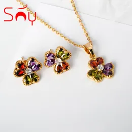 Collier boucles d'oreilles ensemble ensoleillé bijoux coloré Zircon pendentif charmant feuille trèfle fleur à la mode belle bijoux femmes fête cadeau