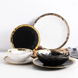 Conjuntos de talheres de 8/10 polegadas Conjunto de bandeja de talheres de luxo branco e ouro preto Sabonete Cerâmica Sobremesa Ferramenta de cozinha Jóias de porcelana