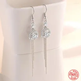 Hoop örhängen tieyiny 925 Sterling Silver Round Zircon Long Tassel Dingle For Women Charm smycken