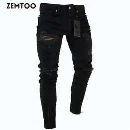 Zemtoo Men's Black Ripped Jeans Washed Frayed Trousers Zipper Decoration Pants3013