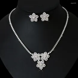 Necklace Earrings Set Cubic Zirconia Crystal Flowers Pendant And Stud Jewelry For Wedding Party Bridal Bridesmaid