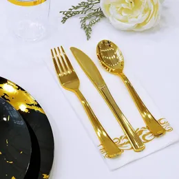 Engångs servis 50 Set biff guldpläterad kniv och gaffel sked plastiska bordsartar västra tre-stycken av klass