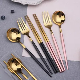 Servis uppsättningar 10set Tablework Fork Spoon Chopsticks Three Piece Set Colorful Present Box Electropated Stainless Steel Dining Knife