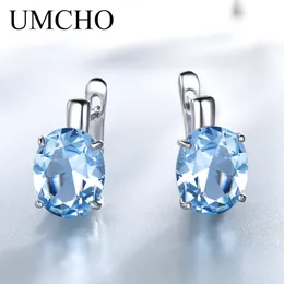 Ear Mankiet Umcho Blue Topaz Clip Kolczyki dla kobiet Solid 925 Srebrna Jewelry Owalny Kolejki Koreańskie Kolczyki Prezent dla jej biżuterii 230728