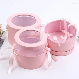 Gift Wrap 3pcs Rigid Luxury Round Presentation Flower Box Pink Print With Transparent Top Double Layer Interior Ribbon Handles