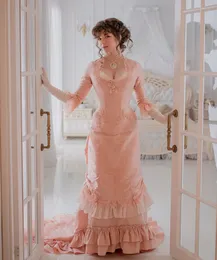 Vintage Pembe Victoria Bustle Gece Elbise Korse Tarihi Kostüm Prom Partisi önlükleri Deright Sweetheart Yarım Kollu Mahkeme Tren Kadın Özel Durum Giyim