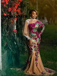 Aso Ebi Style Prom Party Dresses 2023 Sheer Neck Long Sleeves With Sequins Lace Flowers Plus Size Formal Evening Ocn Gowns For Arabic Women 322
