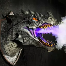 Decorative Objects Figurines VIP Dragon Legends Prop Dinosaur Head 3d Wall Smoke Light Art Sculpture Shape Statue Home Decor Halloween Room Decoration 230729