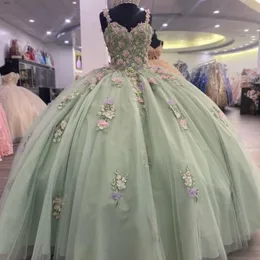 Mint Green Beading Tassel Quinceanera Dress Ball klänning från axeln 3D Flowers Applicies Corset Sweet 15 Vestidos de XV Anos