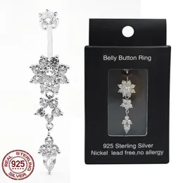 Navel Bell Button Rings Arrived 925 Sterling Silver Belly Ring Bar Barbell Flower Shape CZ Piercing Jewelry 230729