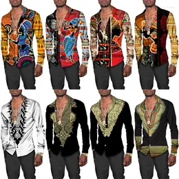 Camicie casual da uomo Stampa africana Dashiki Colletto rovesciato Bottoni Top manica lunga Camicia hawaiana Camicette Abbigliamento Maniche Uomo