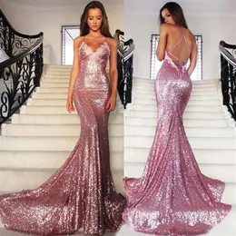 2021 Sparkle Rose Pink Sexy Prom Dresses Sequins Lace Long Mermaid v Neck Criss Cross Back Long Long Salial Cheap Bress Party G327E