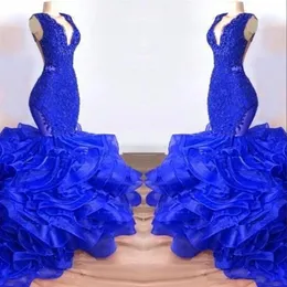 Royal Blue V Neck Lace Long Mermaid Prom Dresses 2019 Organza Layered Ruffles Sweep Train Formal Party Evening Gowns202i