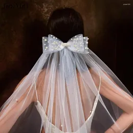 Bridal Veils JaneVini 2023 Elegant European One Layer Pearls Short Tulle Bow White Ivory Veil For Bride Wedding Hair Accessories
