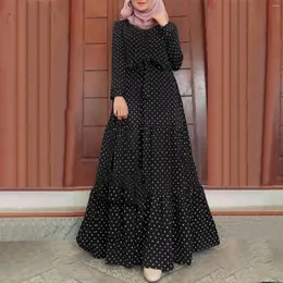 Sıradan Elbiseler Kadınlar Vintage Elbise Polka Dot Baskılı Uzun Kollu Mulsim Dubai Türkiye Hijab Abaya Sundress Elagant Ramazan Robe