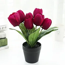 Dekorativa blommor konstgjorda tulpaner Bonsai Simulation 7heads Silk Flower Plant Pot For Wedding Party Decor Office Desktop Home Ornaments