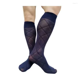 Men's Socks Knee High Mens Formal Suit See Through Sexy Dress Male Lingerie Stocking Fashion Plaid Business Long Tube Hose